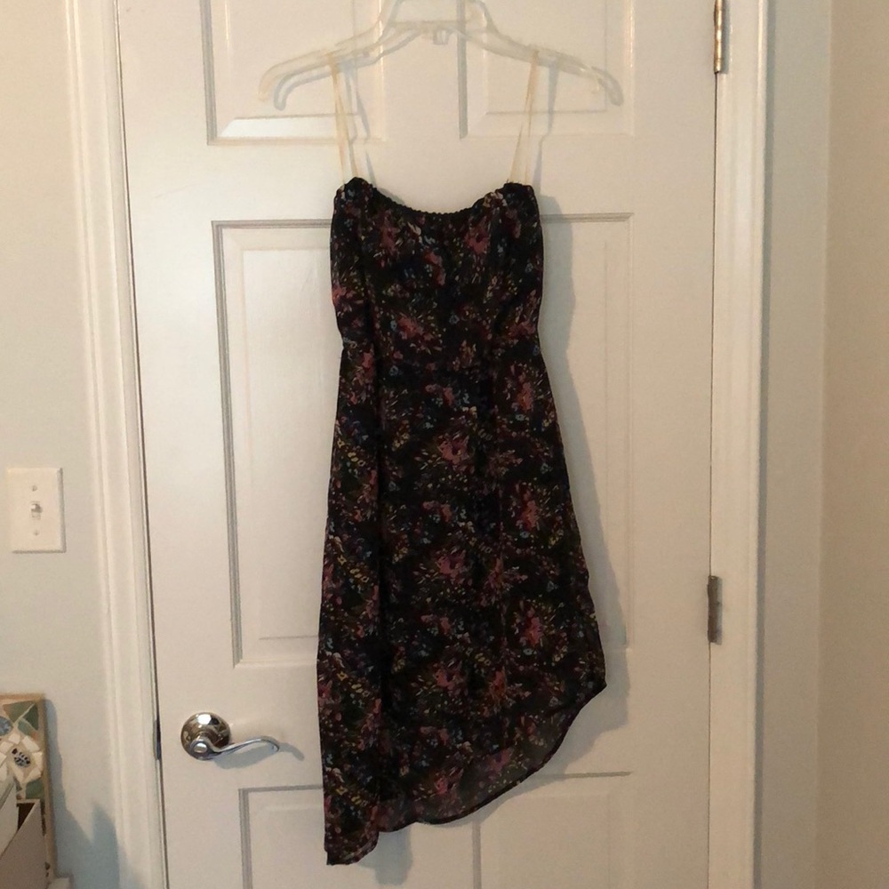 Asymmetrical strapless floral dress